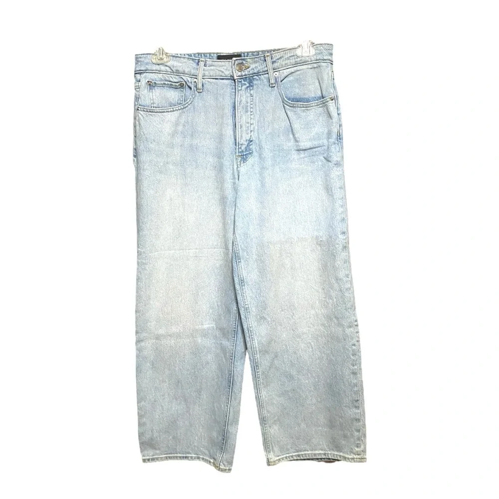 Blue Relaxed Fit Jeans with Distressed Details Super High Crop Wide Straight 12